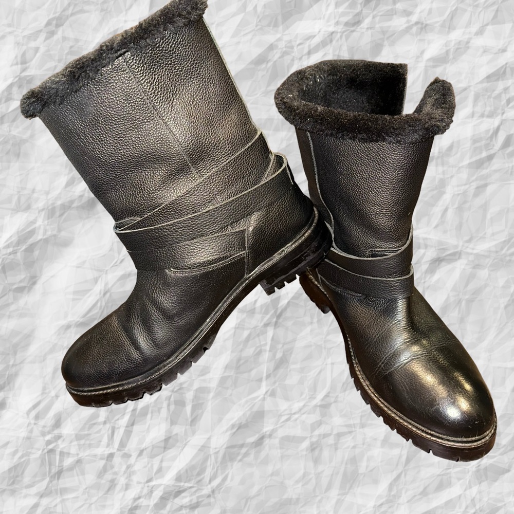 Long Tall Sally Black Leather Buckle Faux Fur Slip on Boots size 9